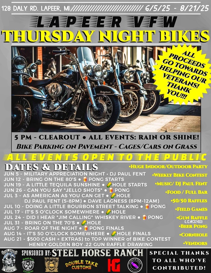Thursday Night Bikes VFW Lapeer Bike Night is on Thursdays